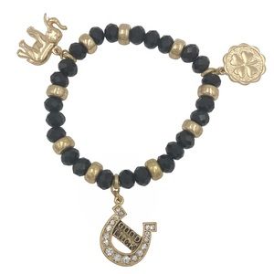 Lucky Charm Elephant Horseshoe 4 Leaf Clover Black Bead Stretch Bracelet